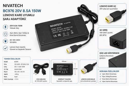 NIVATECH BC976 20V 8.5A 170W LENOVO USB KARE UYUMLU ŞARJ ADAPTÖRÜ